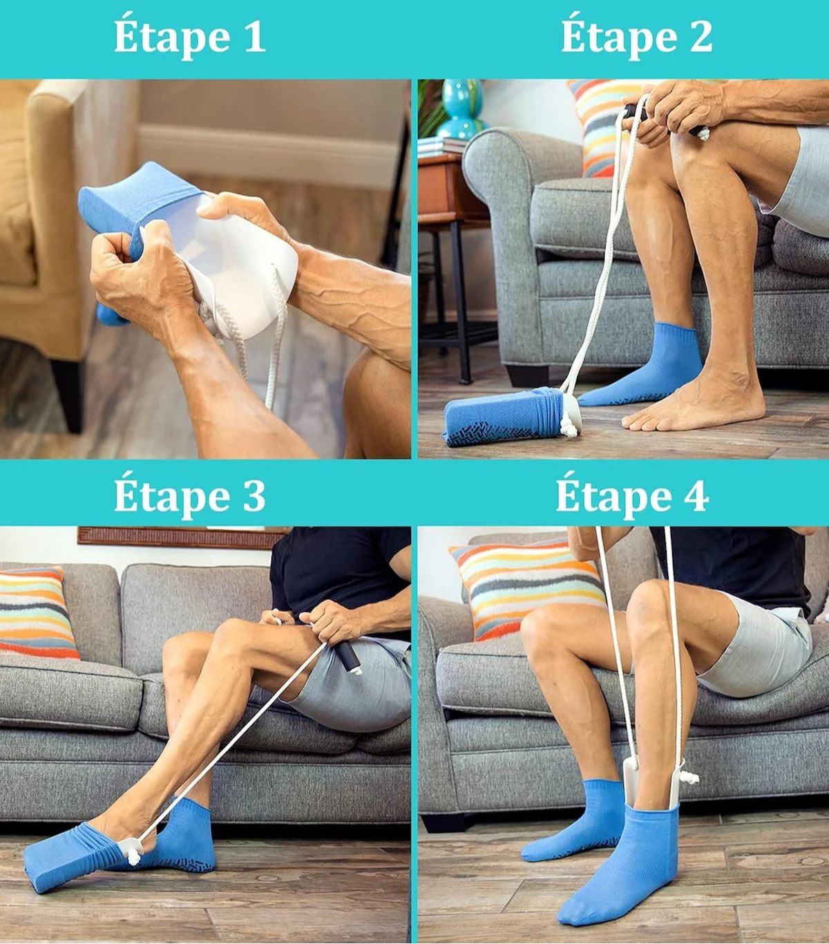 Guide visuel en 4 étapes pour enfiler facilement une chaussette avec l’aide chaussette Aidélia