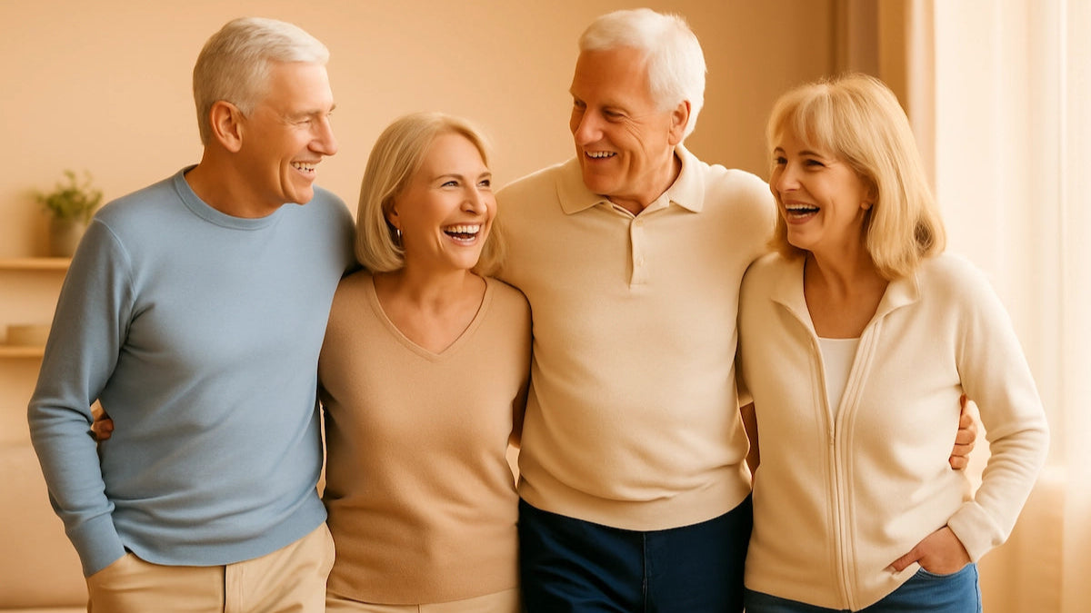 Quatre adultes souriants et actifs marchant ensemble à l’extérieur – image d’accueil pour Aidelia, solution ergonomique pour l’autonomie des seniors